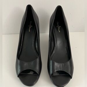 Cole Haan Black Leather Peep-Toe Wedge Heels Size 10B